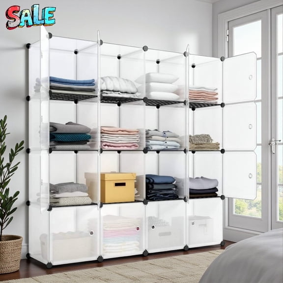 Tcbosik Multi-Purpose Cube Organizer with Doors, 55.9" Modular Plastic Storage Cabinet with Steel Frame, DIY Bookcase Closet Organizer for Home & Office, Transparent White