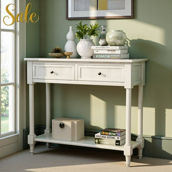 Tcbosik Narrow Console Table with 2 Drawers, Ivory White Wood Sofa Table with Bottom Storage Shelf, Vintage Entry Tables for Living Room, Entryway, Hallway, 35.43"L x 13.8"W x 30.25"H