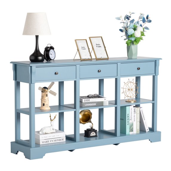 Tcbosik Narrow Console Table, 58.2" Long Sofa Table with Storage Shelves, Foyer Table with 3 Drawers for Living Room, Hallway, Easy Assembly, Teal Blue