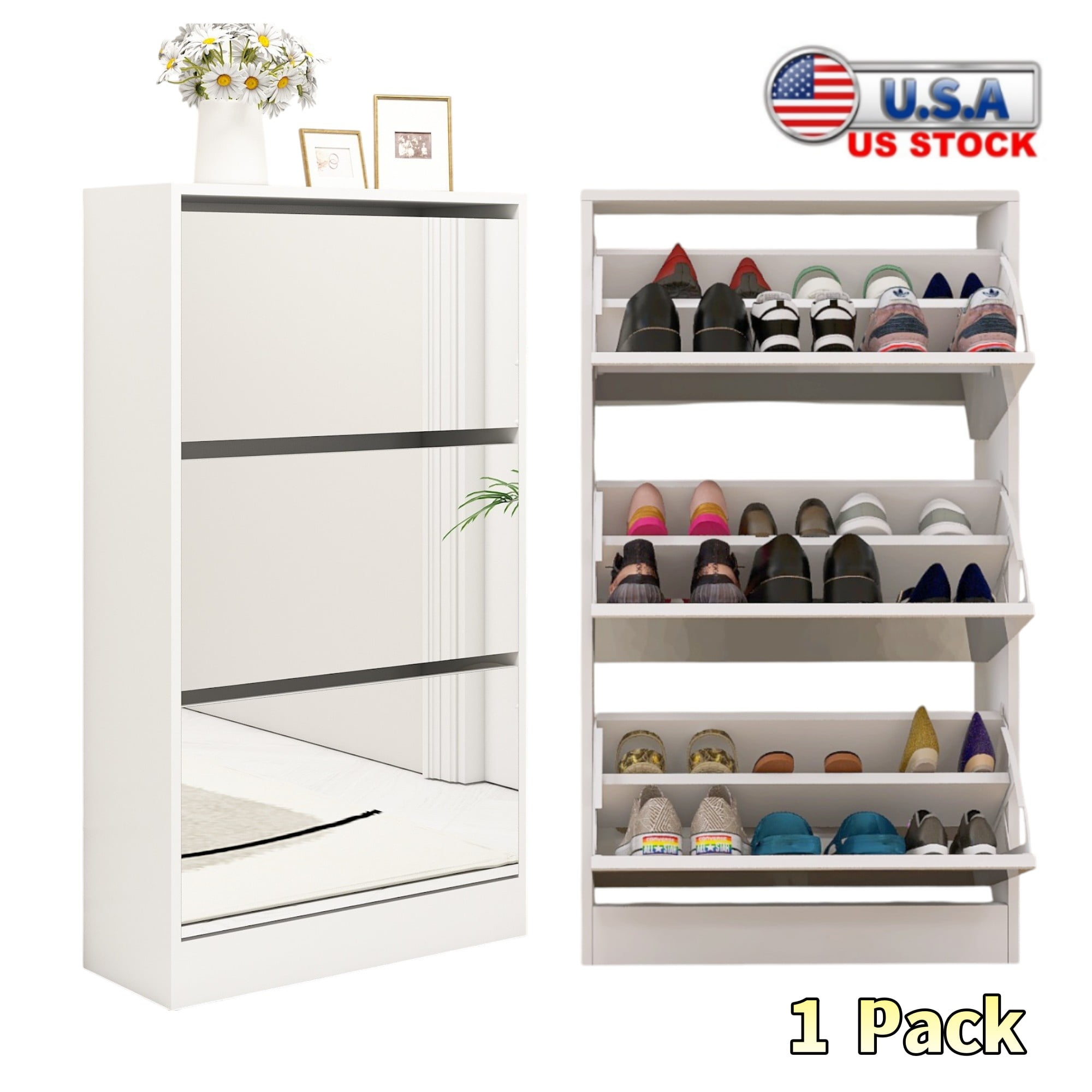 Tcbosik Mirrored Shoe Cabinet with 3 Flip Drawers, Hidden Shoe Rack ...