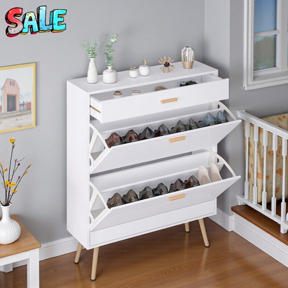 Tcbosik Narrow Shoe Cabinet with 2 Flip Drawers & Top Drawer, Slim Entryway Shoe Storage Organizer for Small Spaces, Holds Up to 16 Pairs, White