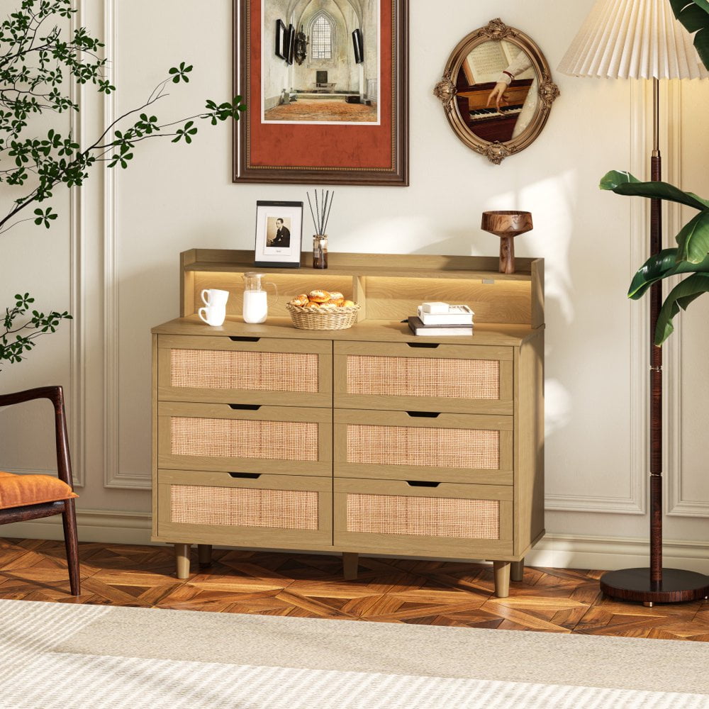 Natural Rattan 6-Drawer Dresser with LED Lights and Power Outlet