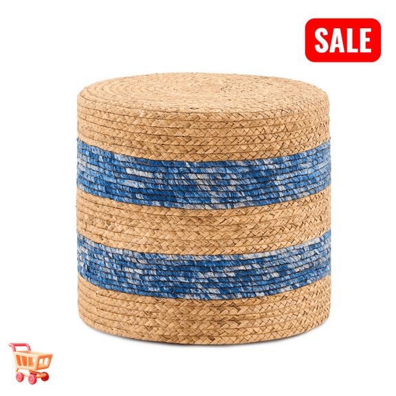 Tcbosik Natural Water Hyacinth Ottoman, 17.7" Handwoven Round Footstool, Boho Footrest for Living Room, Bedroom, Entryway, Space Saving, Natural & Blue