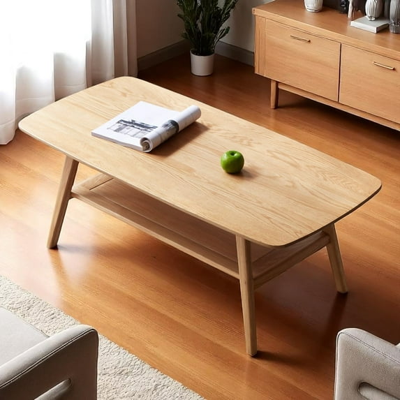 Tcbosik 39.37" Natural Solid Oak Wood Coffee Table with Open Shelf, 2-Tier Low Center Table for Living Room, Small Space