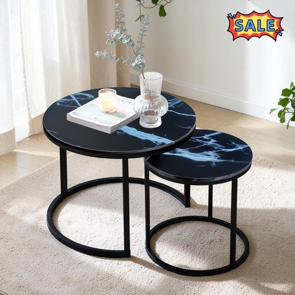 Tcbosik Nesting Coffee Table Set of 2, 15.7 Inch Round End Side Table, 23.6" Cocktail Table, Modern Stacking Tables with Metal Base for Living Room, Bedroom, Black