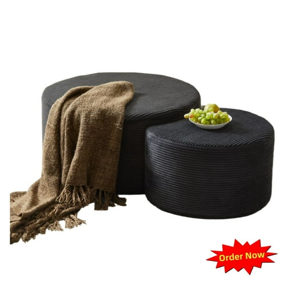 Tcbosik Nesting Coffee Table Set of 2, Corduroy Fabric Upholstered Living Room Table, 24" Side End Table, 32 inch Tea Table, Round Ottoman for Bedroom, Living Room, Black