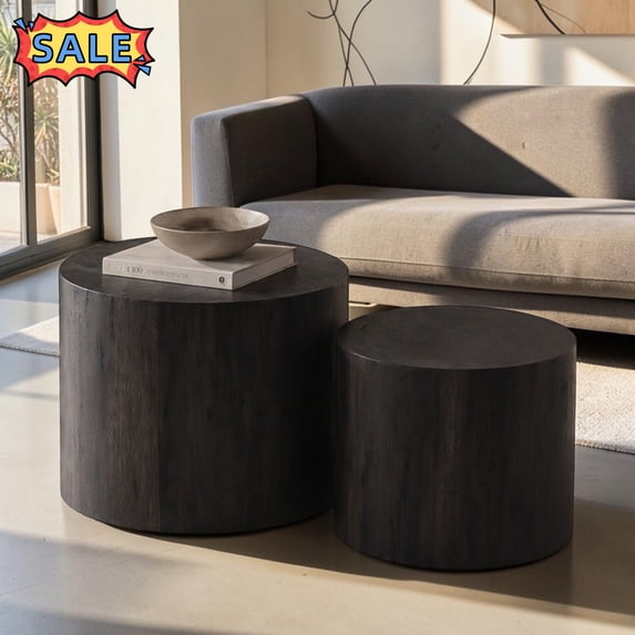 Tcbosik Nesting Coffee Table Set of 2, Modern Round Coffee Table, Circle Accent Table, End Side Table for Small Space, Living Room, Bedroom, Black Woodgrain