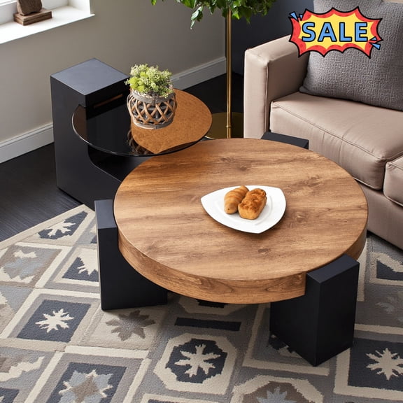 Tcbosik Nesting Coffee Tables Set of 2, Modern Side Table with Glass Top & L-Shaped Legs, 24 Inch Center Table for Living Room, Space Saving, Black & Wood Color
