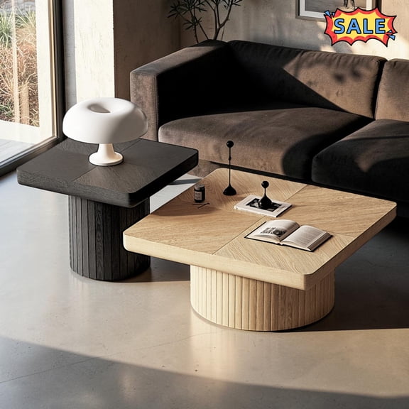 Tcbosik Nesting Coffee Tables Set of 2, 23.6" & 34.6" Square Living Room Table Set, Space Saving, Black & Natural