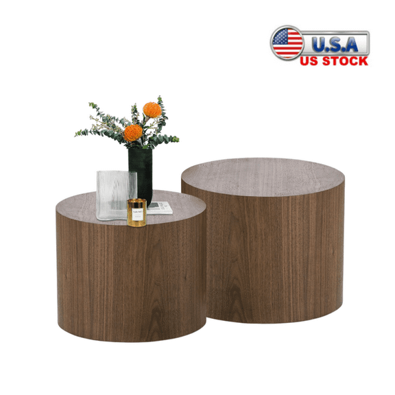 Tcbosik Nesting Coffee Tables Set of 2, Round Center Table with Anti-Slip Foot Pad and Waterproof Top for Living Room, Walnut