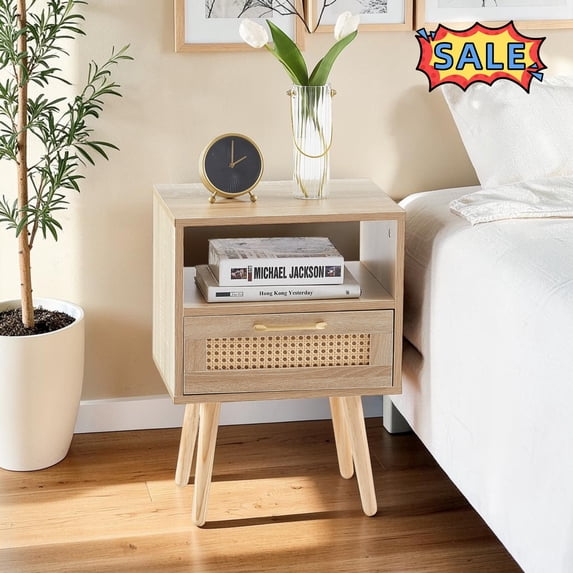 Tcbosik Night Stand with Storage Drawer, 15.7 Inch Bedside Table with Open Shelf, Rattan End Table with Solid Wood Legs for Small Space, Bedroom, Living Room, Natural