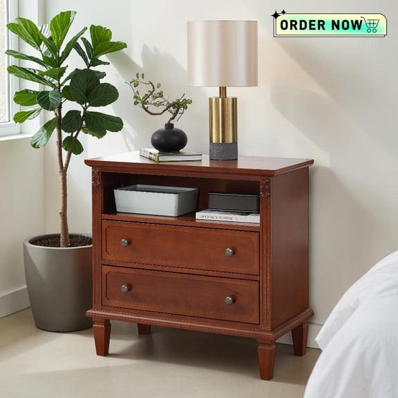 Tcbosik Night Stand with Charging Station, End Table with Open Shelf and 2 Storage Drawers, Bedside Table for Bedroom, Living Room, Walnut