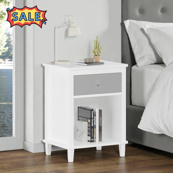 Tcbosik Night Stand with Drawer, 2-Tier Bedside Table with Open Shelf, Accent End Table for Bedroom, Living Room, Easy Assembly, White+Gray