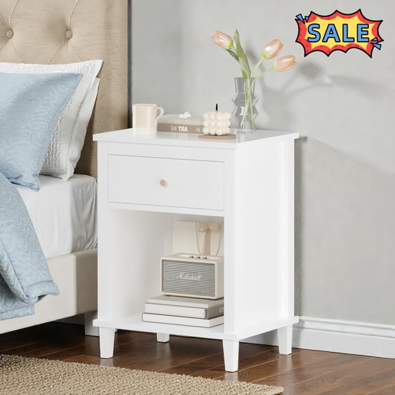 Tcbosik Night Stand with Storage Drawer and Open Shelf, Modern Bedside Table, Small End Table for Bedroom, Living Room, Easy Assembly, White