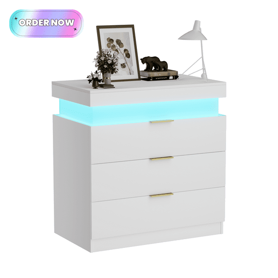 Tcbosik Nightstand with Sliding Top, Charging Station and LED Lights, Modern Bedside Table with 3 Storage Drawers, End Table for Living Room, Bedroom, White