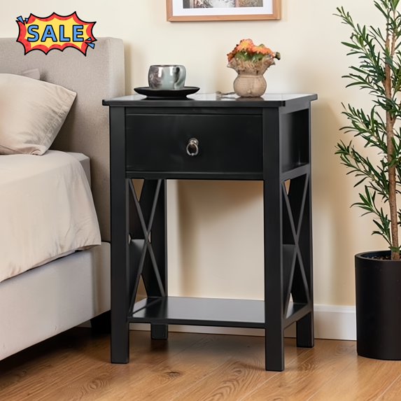 Tcbosik Nightstand with Storage, 2-Tier Side Table with Storage Drawer and Open Shelf, Modern End Table for Bedroom, Living Room, Black