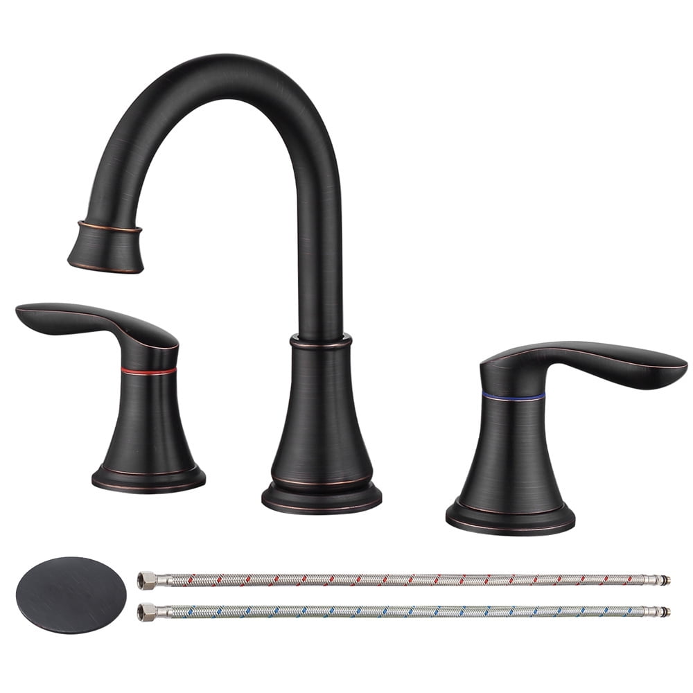 Tcbosik Oil Rubbed Bronze Bathroom Sink Faucet, 8 Inch 2 Handle Centerset Lavatory Vanity Faucet w/Pop Up Drain Assembly and Water Supply Hoses, 3 Hole 360° Swivel Spout Vanity Sink Basin Faucet