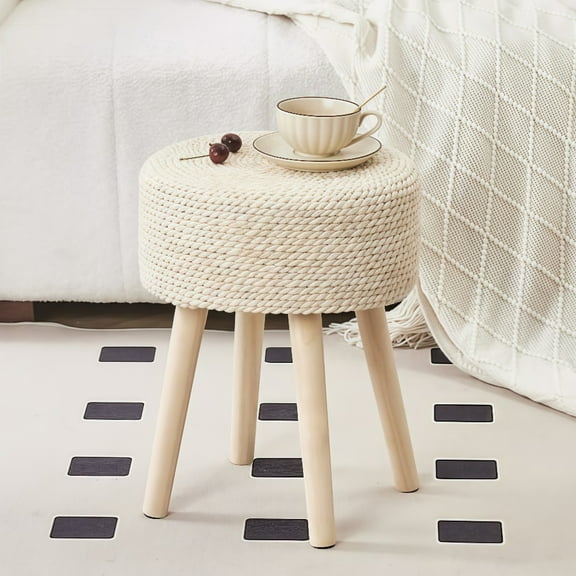 Tcbosik Ottoman with Storage, Seagrass Hand Weave Foot Rest with Wood Legs, Multifunctional Vanity Footstool for Small Space, Living Room, Bedroom, Hallway, Natural