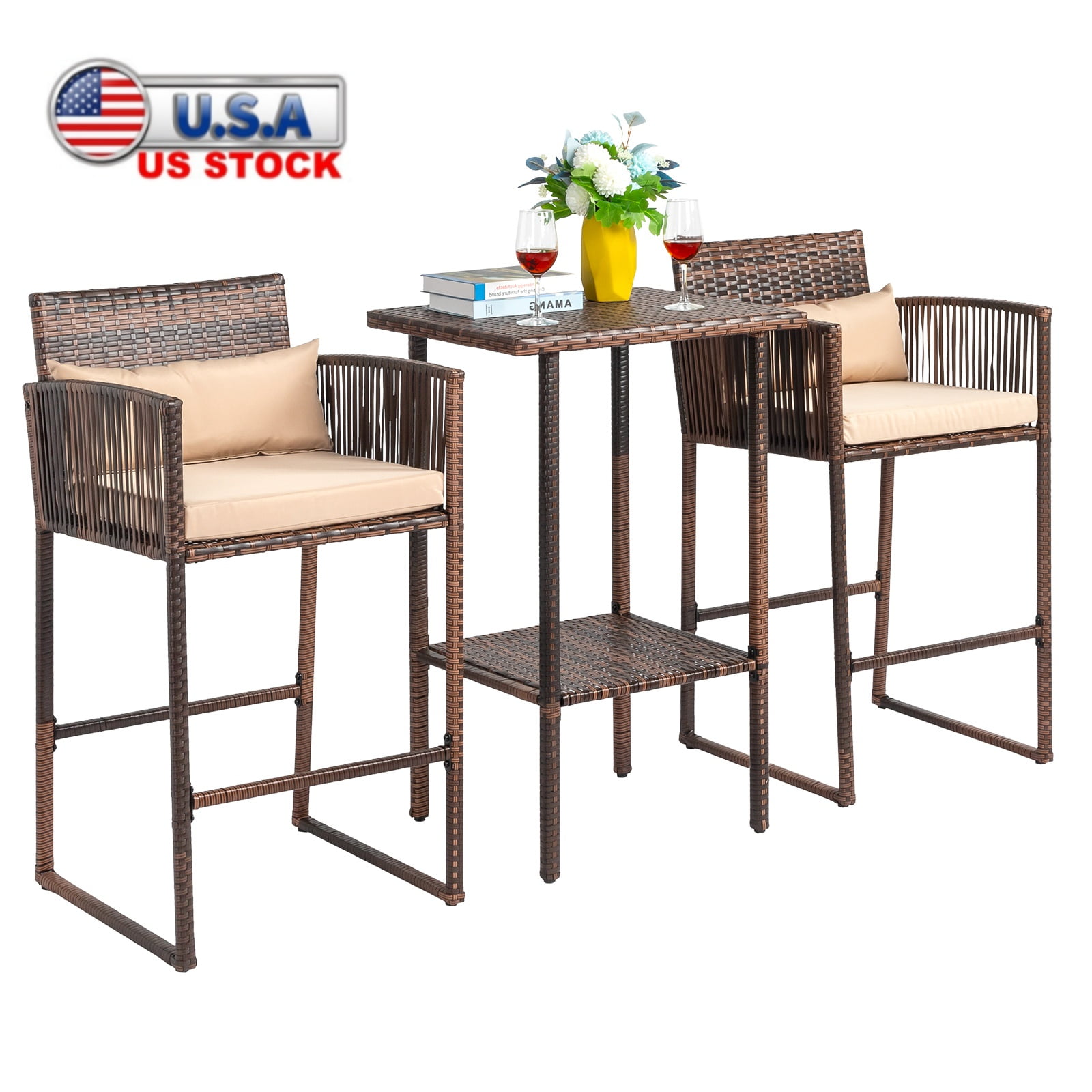 Brown Steel and Wicker Bar Height Outdoor Set with Beige Cushions