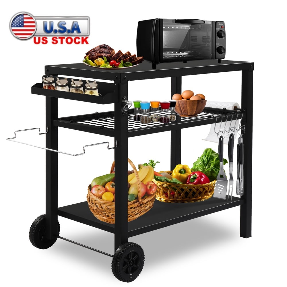 Black Iron 3-Shelf Outdoor Grill Cart with Wheels