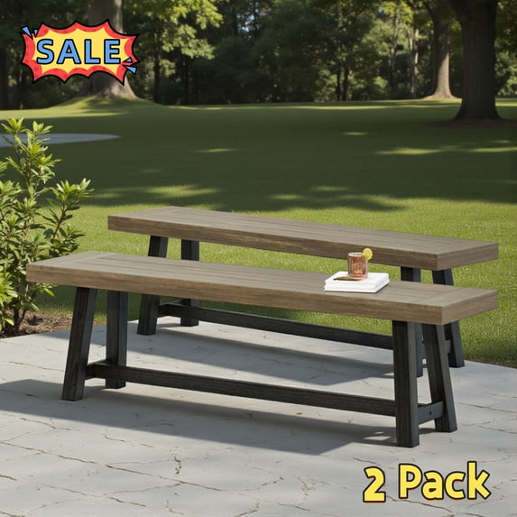 Tcbosik Outdoor Backless Benches Set of 2, Wood Bench for Deck, Garden, Patio, Backyard, Easy Assembly, Grey & Black