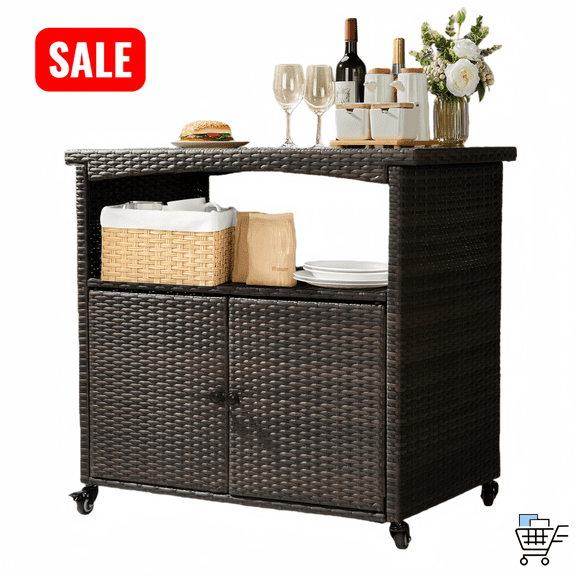 Tcbosik Outdoor Bar Cart with Wheels, Rolling Grill Cart with Wood Top & Handle, Kitchen Island Table for Patio, Backyard, Poolside, Brown