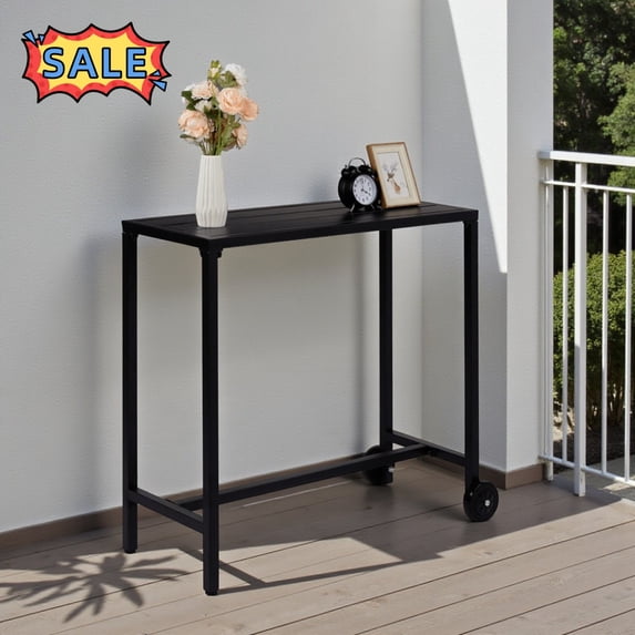 Tcbosik Outdoor Bar Table, 40 inch Patio Pub Table with 2 Wheels, Counter Height Table with Metal Frame for Patio, Backyard, Balcony, Hallway, Black