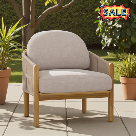 Tcbosik Outdoor Chairs Set of 2, Accent Chair with Cushion and Wood Frame, Armchair with Woven Rope, Modern Club Chair for Garden, Patio, Deck, Easy Assembly, Beige & Teak