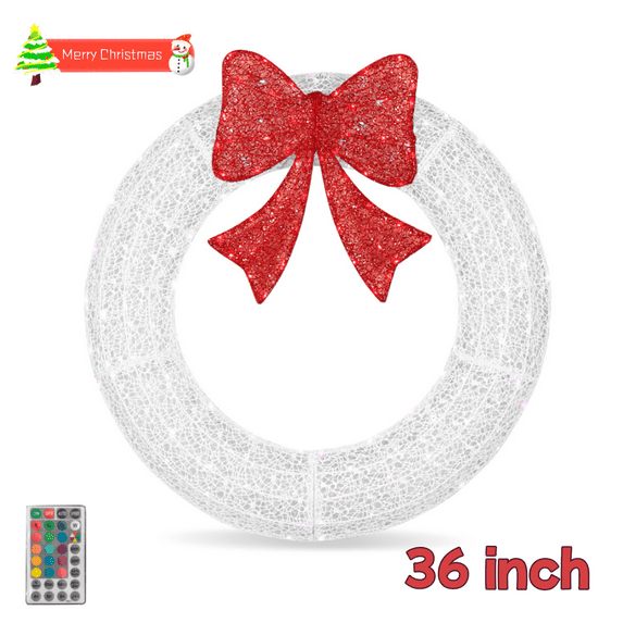 Tcbosik Outdoor Christmas Wreath with 175 LED Lights & Remote Control, 36 inch Xmas Holiday Decor with Red Bow for Garden, Porch, White