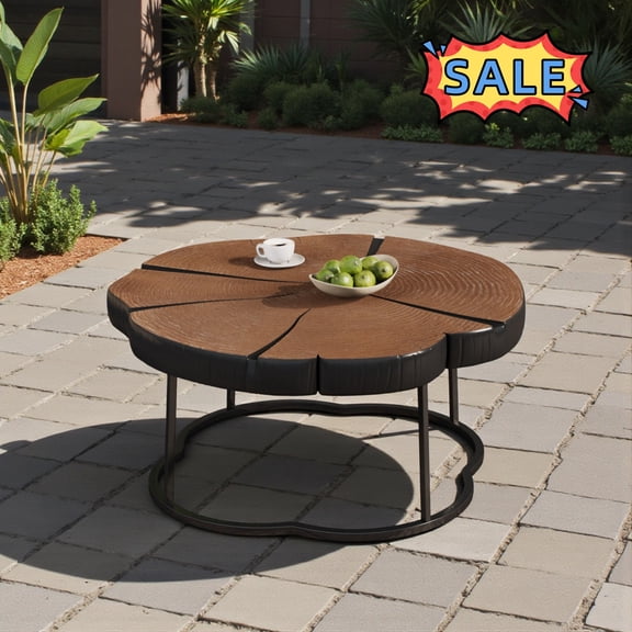 Tcbosik Outdoor Coffee Table, 27" Irregular Accent Table with MGO Top and Metal Base, Center Table for Living Room, Easy Assembly, Natural & Black