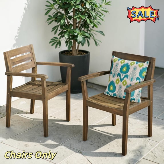 Tcbosik Outdoor Dining Chairs Set of 2, Acacia Wood Chair, Armchair for Backyard, Poolside, Porch, Deck, Lawn, Grey
