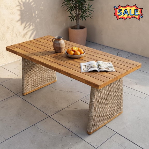 Tcbosik Outdoor Dining Table, 70 Inch Acacia Wood Table with Rattan Legs for Backyard, Poolside, Balcony, Deck, Garden, Teak & Brown