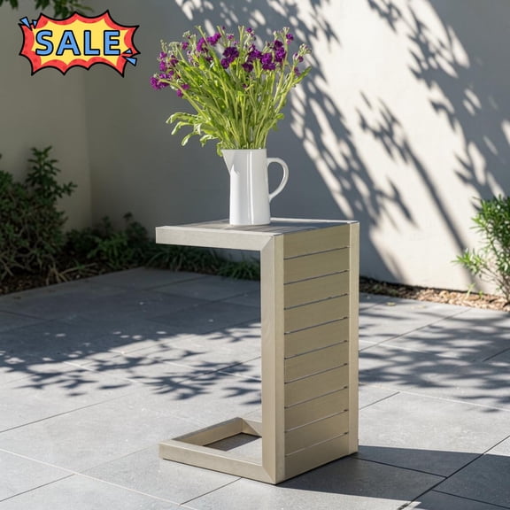 Tcbosik Outdoor End Table, Aluminium C-Shaped Side Table for Garden, Patio, Porch, Deck, Backyard, Easy Assembly, Silver