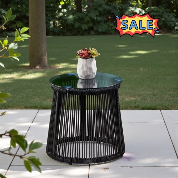 Tcbosik Outdoor End Table with Glass Top and Woven Rope Design, 15.5" Side Table with Metal Frame, Decorative Accent Table for Small Space, Balcony, Patio, Garden, Yard, Black