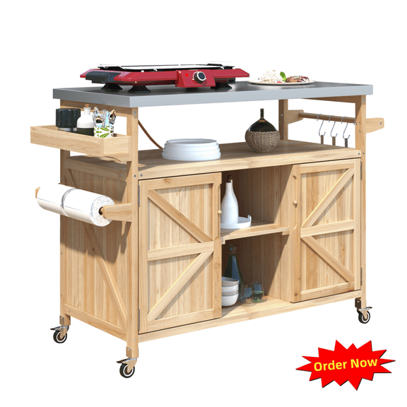 Tcbosik Outdoor Kitchen Island with Stainless Steel Top and Lockable Wheels, Grill Cart with Bottle Opener and Side Hooks, Storage Cabinet w/Open Shelf and 2 Doors, Spice Rack & Towel Holder, Natural