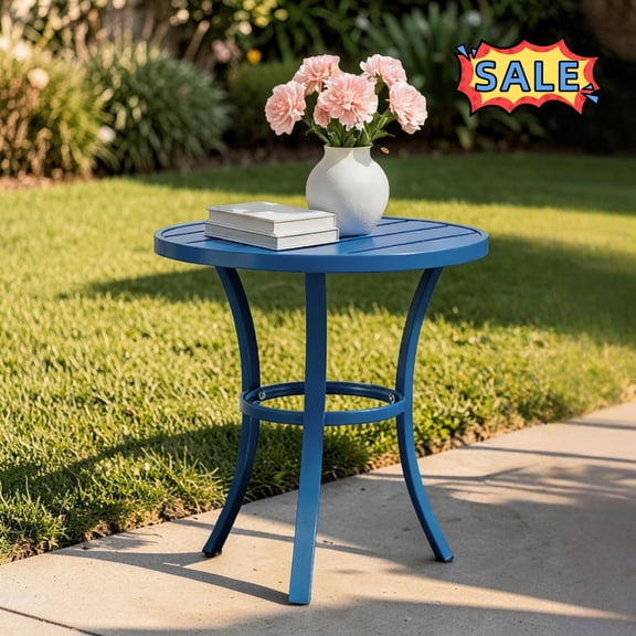Tcbosik Outdoor Metal End Table, 19.9 Inch Round Side Table for Patio, Garden, Deck, Poolside, Navy Blue