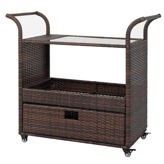 Tcbosik Outdoor Patio Serving Bar Cart Storage Sideboard with Wheels Wicker Rattan, Gradient Brown