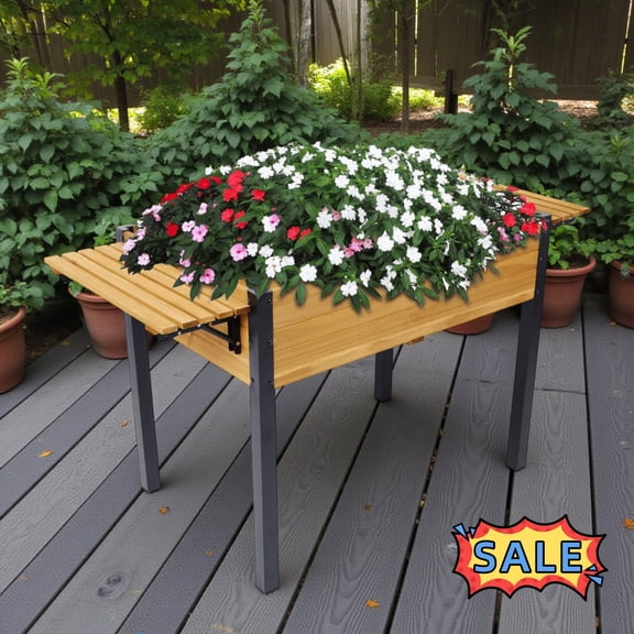 Tcbosik Outdoor Raised Garden Bed with Foldable Shelf, Wood Planter Box with Metal Legs for Backyard, Patio, Balcony, 52.7"L x 23.6"W x 29.5"H, Black+Brown