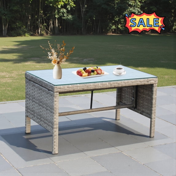 Tcbosik Outdoor Rattan Coffee Table with Tempered Glass, 31.1" Patio Table with Storage, 2-Tier Accent Table for Outside, Balcony, Deck, Porch, Grey