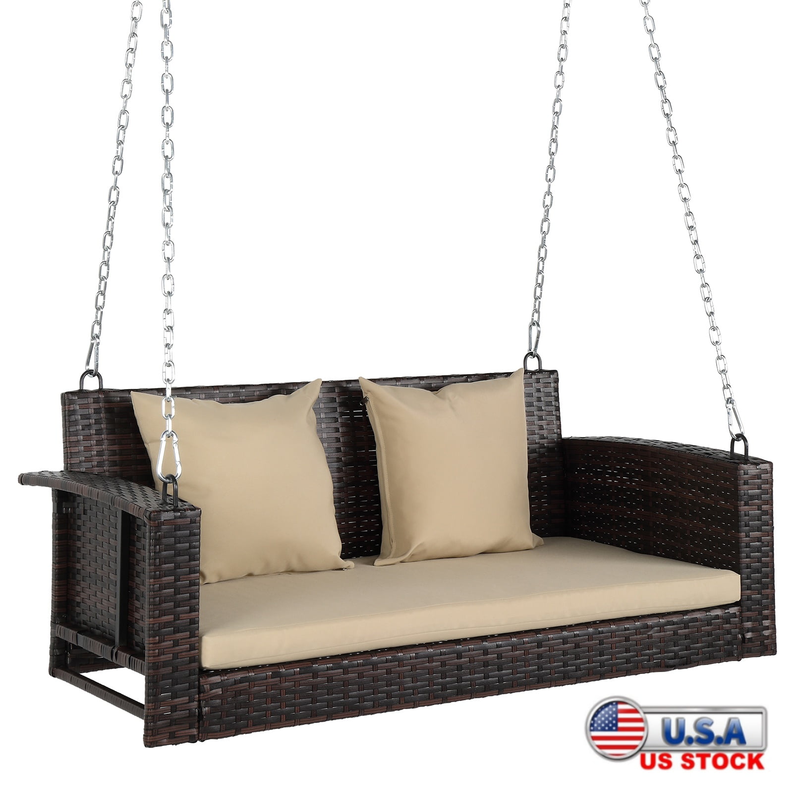 Brown Wicker Steel Porch Swing with Beige Cushions