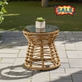 thumbnail image 1 of Tcbosik Outdoor Rattan Side Table with Glass Top, Modern End Table with Metal Frame for Patio, Garden, Deck, Lawn, Yard, Light Brown, 1 of 7