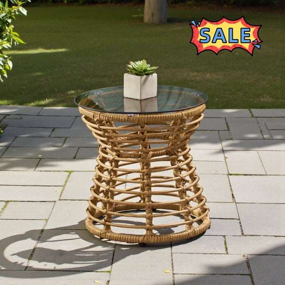 Tcbosik Outdoor Rattan Side Table with Glass Top, Modern End Table with Metal Frame for Patio, Garden, Deck, Lawn, Yard, Light Brown