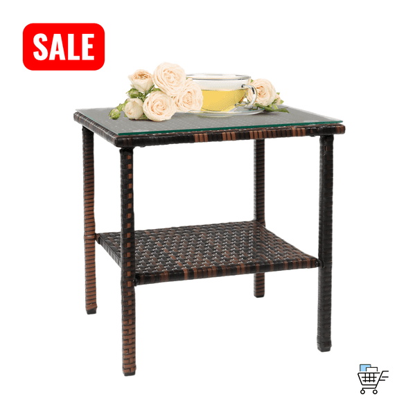 Tcbosik Outdoor Rattan Side Table with Glass Top & Storage Shelf, 2-Layer End Table for Patio, Garden, Porch, Easy Assembly, Brown