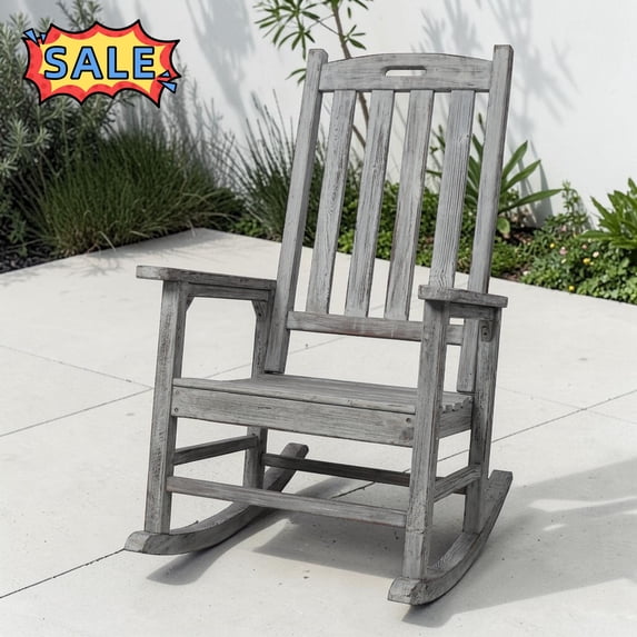 Tcbosik Outdoor Rocking Chair, Wood High Back Rocker, Lounge Chair for Porch, Patio, Garden, Deck, Backyard, Light Gray