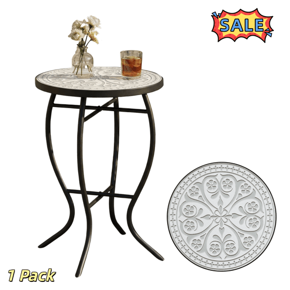 Tcbosik Outdoor Side Table, 13.7" Round End Table with Ceramic Tile Top, Accent Table with Metal Frame for Patio, Porch, Garden, Poolside, Grey & Black