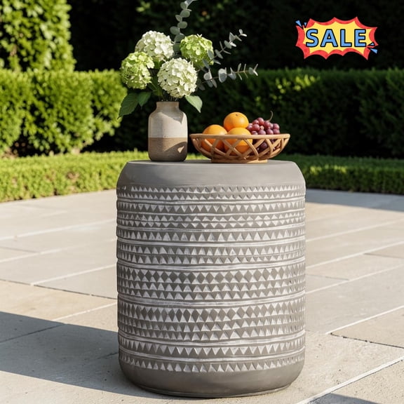 Tcbosik Outdoor Side Table, 15.5" Round Concrete End Table, Accent Table for Patio, Porch, Poolside, Backyard, Garden, White & Gray