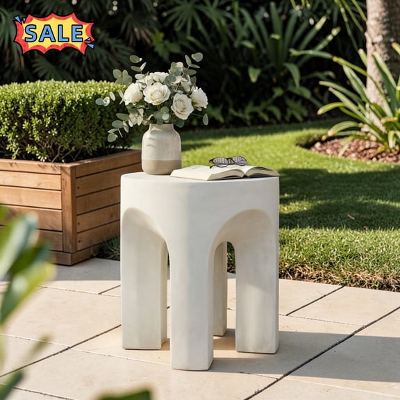Tcbosik Outdoor Side Table, MGO End Table, 18 Inch Accent Table for Garden, Deck, Patio, Backyard, Antique White