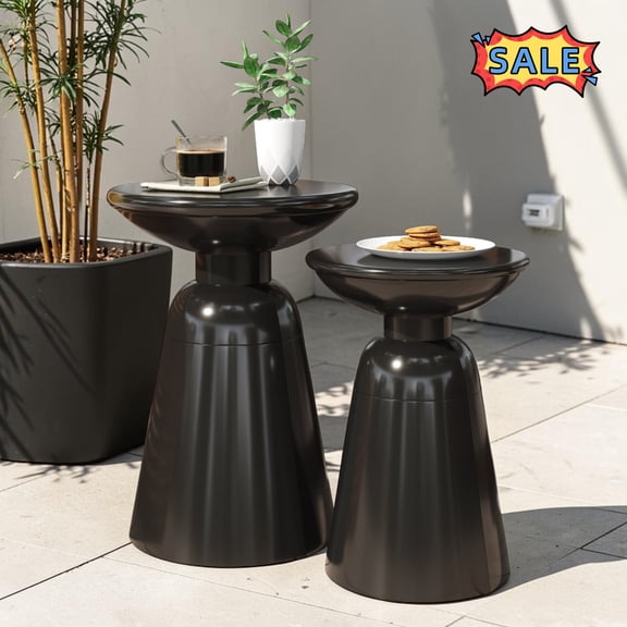 Tcbosik Outdoor Side Tables Set of 2, 12" & 15" Metal Accent Table, Flared Design End Table for Garden, Pool, Yard, Balcony, Easy Assembly, Black