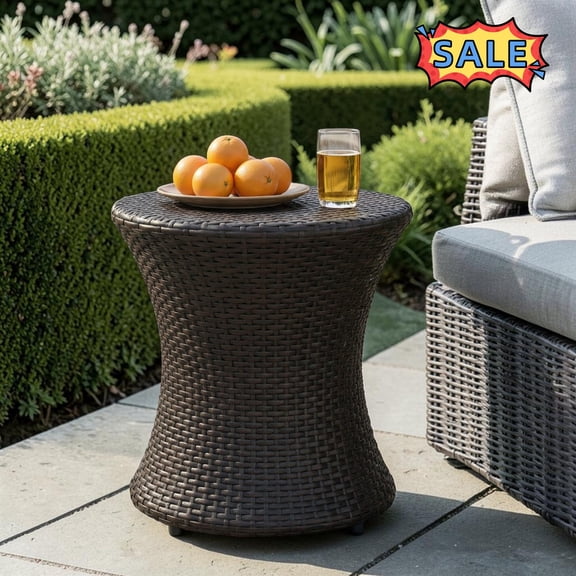 Tcbosik Outdoor Small Side Table, 19 Inch Rattan End Table, Hourglass Shaped Accent Table for Garden, Patio, Porch, Yard, Brown