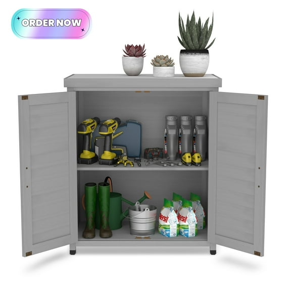 Tcbosik Outdoor Storage Cabinet & Potting Bench Table, Wooden Patio Furniture with Metal Top, Garden Workstation for Backyard, Lawn, Deck, Balcony, Gray